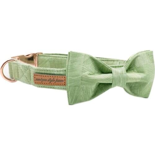 Unique Style Paws Green Stripes Dog Collar with Bow Tie Soft and Cotton Fabric Collar Metal Buckle Adjustable Pet Accessory