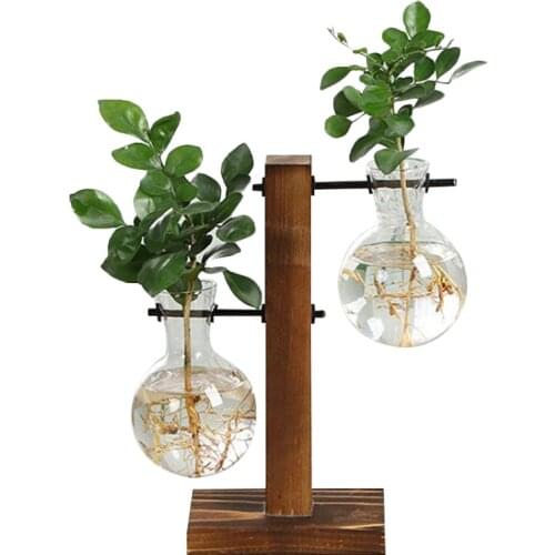 Hydroponic Plant Vases Vintage Flower Pot Transparent Vase Wooden Frame Glass Tabletop Plants Home Bonsai Decor