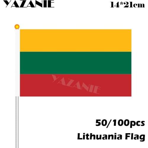 YAZANIE 14*21cm 50/100pcs Lithuania Hand Waving National Flag Small Cheapest Wave #8 Polyester Flag with White Plastic Poles