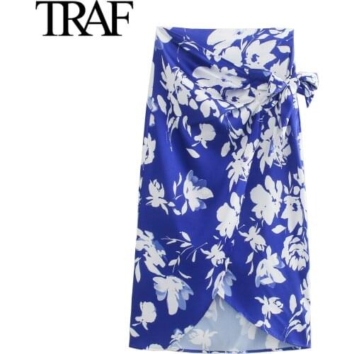 TRAF French Fashion Floral Satin Skirts Office Lady Elegant High Waist MIDI Long Skirt Print Knot Sarong Skirt