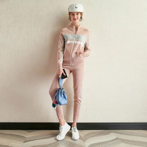 Women Tracksuit Set 2019 Autumn Casual Cardigan Knit Sportwear Long Sleeve 2 Piece Pants Sets Stripe Knitting Suits Outfits