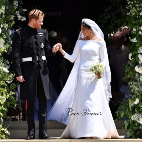 Vintage Long Sleeves Boat Neck Wedding Dressess Simple Pure White Soft Satin European Vestido Novia Corto W0543