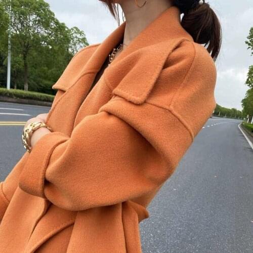 High end double-sided tweed coat womens 2021 new medium length over knee and ankle loose double-sided cashmere orange tweed