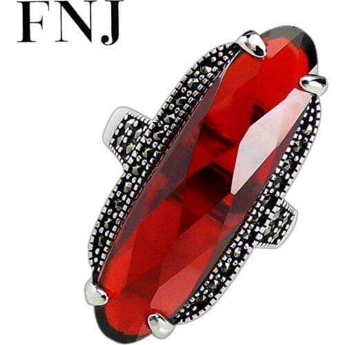 FNJ 925 Silver Ring New MARCASITE Red Rose Zircon Stone Original S925 Sterling Silver Rings for Women Jewelry Adjustable Size