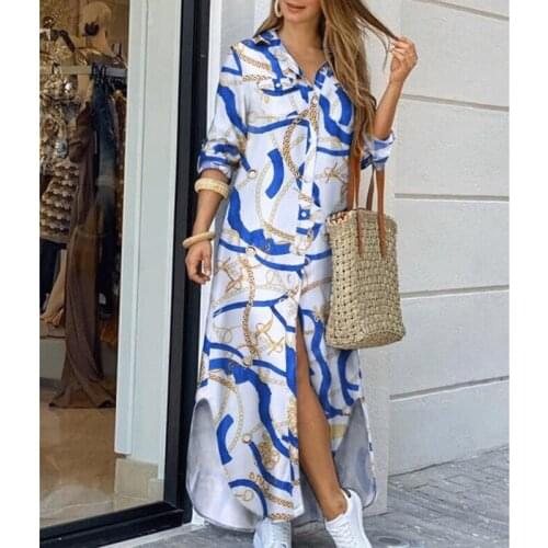 Spring and Autumn Hot Style Ladies New Shirt Long Skirt Lapel Single-breasted Letter Flower Print Side Slit Dress For Women New