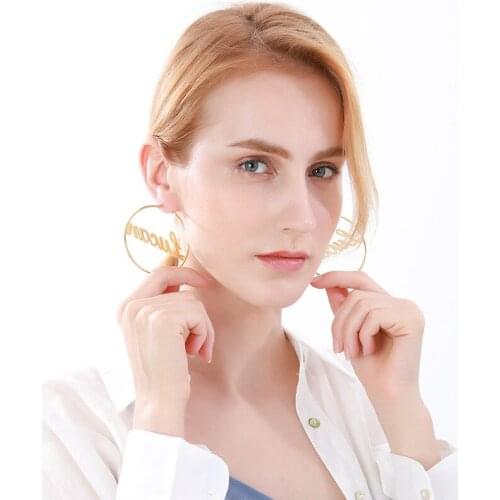 70mm Big Round Circle Custom Name Stud Earrings For Women Nameplate Personalized Stainless Steel Pendientes Handmade Jewelry