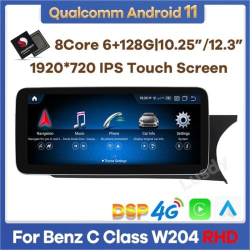 10.25" Snapdragon Android 10.0 Car Multimedia Player GPS Radio for Mercedes Benz C Class W204 2011-2014 RHD Cars with BT WiFi 4G