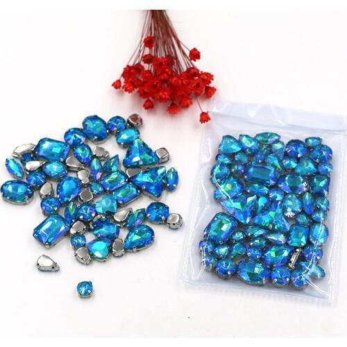 Free shipping 50pcs/bag mixed shape crystal glass rhinestones Lake Blue AB faltback sew on rhinestones diy clothing accessories