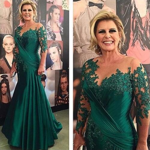 Mother Of The Bride Dresses Mermaid Green Long Sleeves Groom Godmother vestido de madrinha Pleat Sheer Neck Illusion Formal