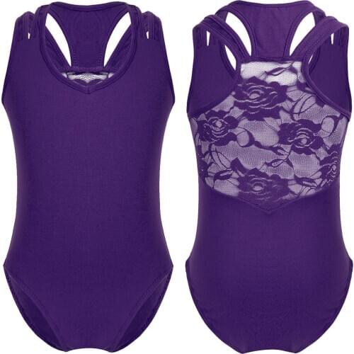 Kids Cotton Sleeveless Lace Splice Professional Gymnastics Leotards for Girls Sports Ballet Dancewear Stage Performance Costume