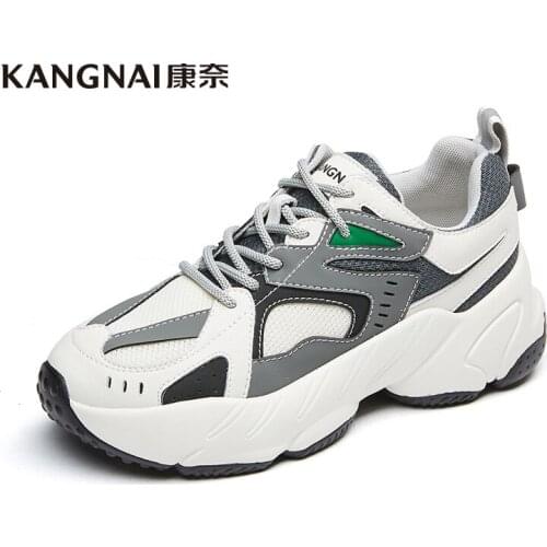 KANGNAI Women Sneakers Shoes Chunky Mesh Jogging Mixed Colors Lace-Up Flat Platform Ladies Casual Shoes