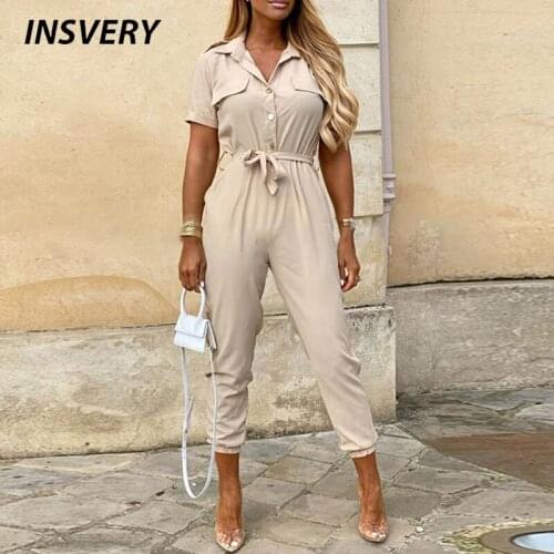 Summer Jumpsuit Women Solid Turn Down Collar Casual Pants Jumpsuits Pocket Lace Up Office Overalls Short Sleeve Lady Romper