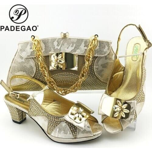 Mature Style Italian Women Party Shoes Matching Bag Set Decorate with Rhinestone in Golden African Wedding Shoes and Bag Set