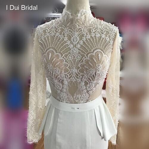 High Neck Long Sleeve Lace Sheath Wedding Dress Pearl Beaded Turtle Neck Crepe Tight Skirt Bridal Gown 2020 New