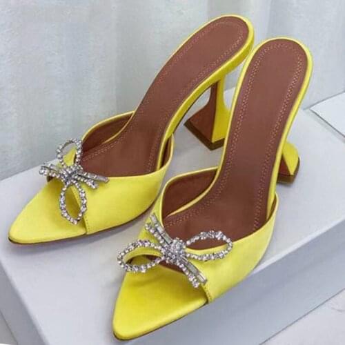 Summer Crystal Rhinestone Bowknot Wineglass High Heel Slippers Silk Satin fabric sexy Pointed peep Toe Sandals party dress shoes