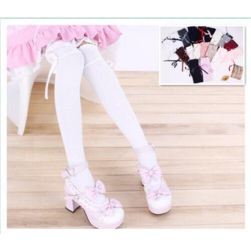 Princess Sweet Lolita stockings cotton knitting ribbon bow long leggings muticolor cosplay over the knee maid stockings BK001