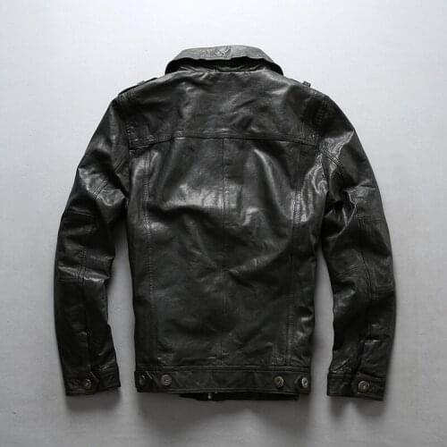 FLY New Brand Men Fashion Mens Slim Fit Sheepskin Motorcycle Biker Jacket Black Genuine Leather Coat