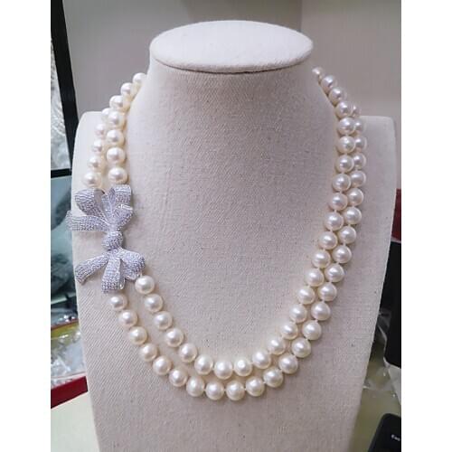 Genuine 9-10MM natural pearl necklace double Necklace light pearl Bowknot flower 925 Silver clasp