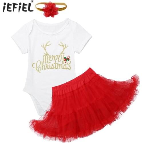 Newborn Cute Baby Girls Christmas Party Outfit Short Sleeves Shiny Letters Printed Romper Baby Girl Clothes with Skirt Headband
