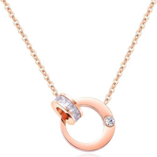 Stainless Steel Two Round With CZ Pendants Necklaces For Women Charm Rose Gold Color Chain collar Jewelry Gift