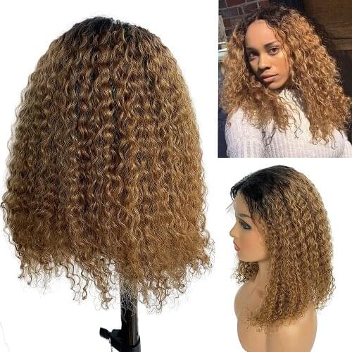 Curly Short Bob Wig Highlight Water Wave Human Hair Wigs Ombre Brazilian Ombre Honey Blonde 13x5x1 Lace Front Wigs For Women