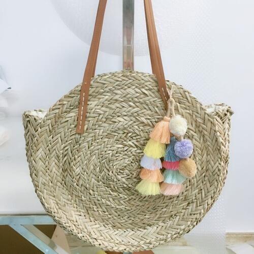 Handmade Rattan Woven Round Hand Knitting Handbag Fashion Straw Bag Rope Knitted Casual Shoulder Bag Summer Beach Tote Scarf