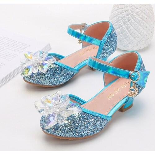 2020 Children Big Girls Dance Shoes Sandals Bling Sequins Crystal Flower High Heels Princess Shoes for Kids Girls Blue Soft Sole