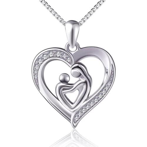 YSH New 100% 925 Sterling Silver Mother & Child Hug love Heart CZ Pendant Necklaces 2020 Women DIY fine Jewelry Mother Day Gifts