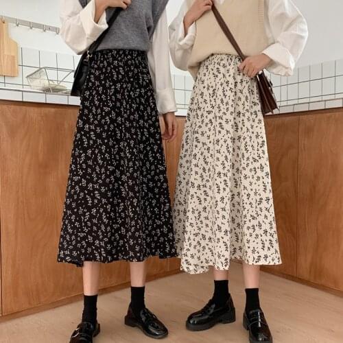 2021 summer new high waist a-line skirt female mid-length and small spring and summer chiffon floral spring long skirt
