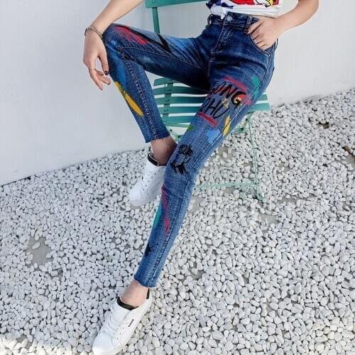 The spring of 2019 the new korean jeans women slim fit show thin elastic mid-rised light blue printing pencil cowboy pants
