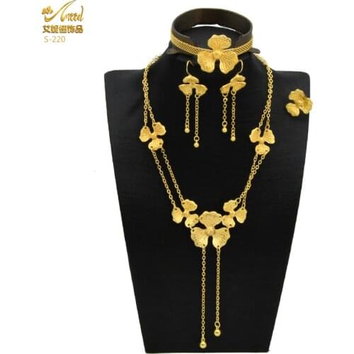 African For Women Dubai Gold Bridal Jewelry Sets Ethiopian Wedding Collection New Net Chain Necklace And Earrings Bracelet Gifts