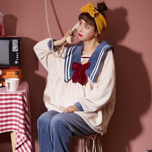 SOUGEN Women Sleepwear Winter Thick Warm Flannel Cute Pajamas Sets Long Sleeves Clothing Home Wear Soft Pyjamas Set for Female