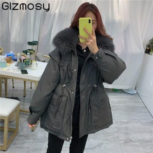 Gizmosy 2021 Winter Big Fox Fur Collar Womens Down Coat 90% White Duck Down Jacket Female Thick Warm Loose Waist Coat Outwear