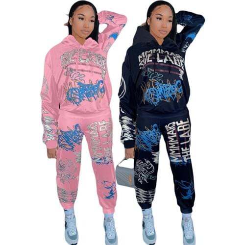 2 Piece Set Women Fall Winter Clothes Letter Print Hooded Jacket Top Sport Pants Sweatsuit Jogger Outfit Wholesale Dropshipping