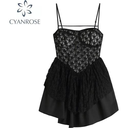 Gothic Style Black Mini Dress Summer Women Suspenders Sexy Hollow Out Party Heart Dress Lace Thin Short A-Line Dress 2021 New
