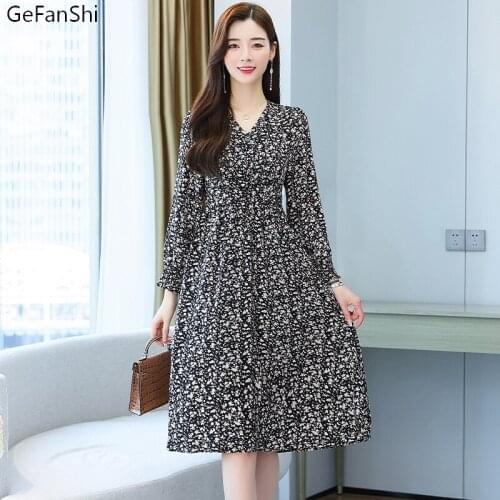 Women Autumn Winter Vintage Print V-Neck Slim Chiffon Long Sleeve A-line Dress Fashion Casual Elegant Lady Dresses