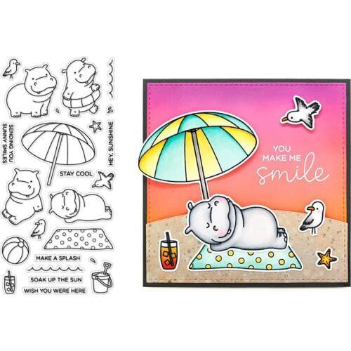 Hippo Enjoying Vacation Sun Umbrella Beach Ball Wave Sunlight Word Transparent Clear Stamps For DIY Scrapbooking Cards Crafts