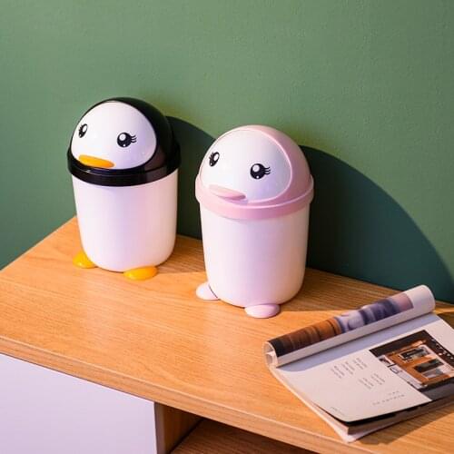 1.2LMin Cartoon Penguin Trash Can with Swing Lid Debris Storage Box Dustbin Office Supplies Small Trash Bin Mini Car Litter Can