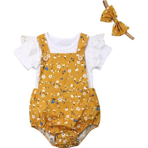 3PCS Newborn Baby Girl Clothes Romper +Overalls Shorts+Floral 3Pcs Summer Outfits