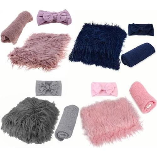 3PCS Newborn Photography Props Toddler Photo Blankets Wrap and Headband Long Ripple Wrap Photo Prop 87HD