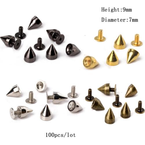 9MMCone Screwback Metal Studs Leathercraft Rivet Bullet Spike Punk Spots 4 Colors Jewelry MakingAvailable 100Pcs