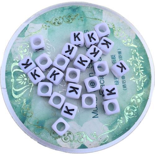 Free Shipping 100pcs/lot 6*6MM Cube Alphabet Beads Single Initial K Printing Plastic Acrylic Square Big Hole Letters Beads