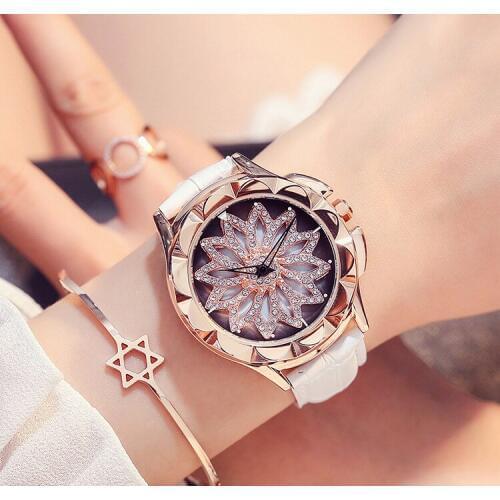 New Fashion Lady Rhinestone Watches Wome Rotation Dress Watch brand Real Leather Band Big Dial Bracelet Wristwatch Crystal Watch