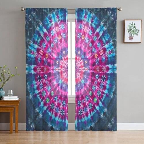 Color Retro Tie-Dye Tulle Curtains for Living Room Bedroom Decoration Modern Chiffon Sheer Voile Kitchen Window Curtain