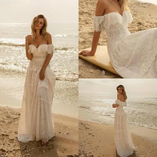 Sweetheart Lace Boho Wedding Dresses 2020 Off Shoulder Beading Sweep Train Handmade Beach Bridal Wedding Gowns Vestido de noiva