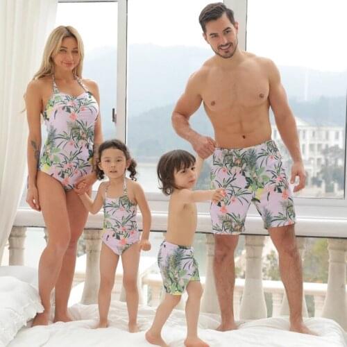 Parent-child Swimsuit Green Leaves Printed Pattern One-piece Swimwear Swimming Trunks For Father Mother Baby Kids
