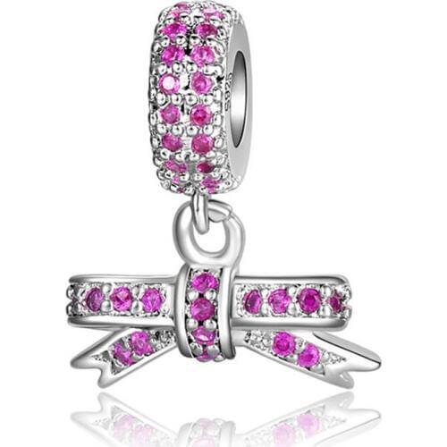 Hot Sale Silver Color Charm Bead Bow Pink Crystal Pendant Beads For Original Pandora Charm Bracelets & Bangles Jewelry