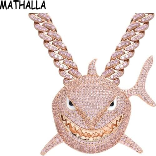 MATHALLA Hip Hop Iced Out Pink CZ Stone Shark Pendant Rose Gold Cuban Chain Necklace Mens Brass Cubic Zircon Animal Jewelry