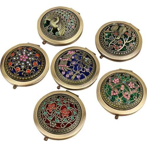 Bronze Color Flower Diamond Metal Portable Pocket Mirror Mini Two-sides Folding Makeup Mirror Vintage Butterfly Cosmetic Mirrors
