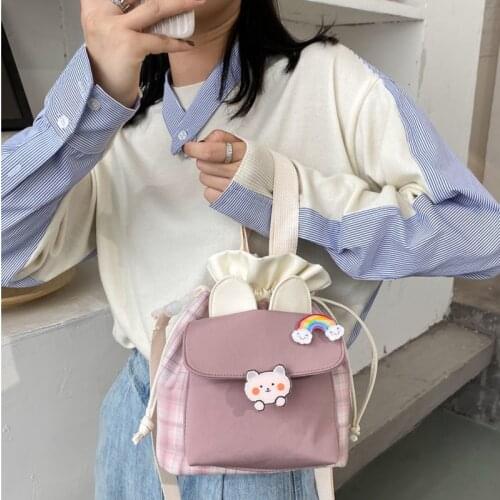 White Blush Bear Cuten Canvas Bucket Bag Womens 2021 New Small Fresh Shoulder Bag Versatile Student Lattice Messenger Bag